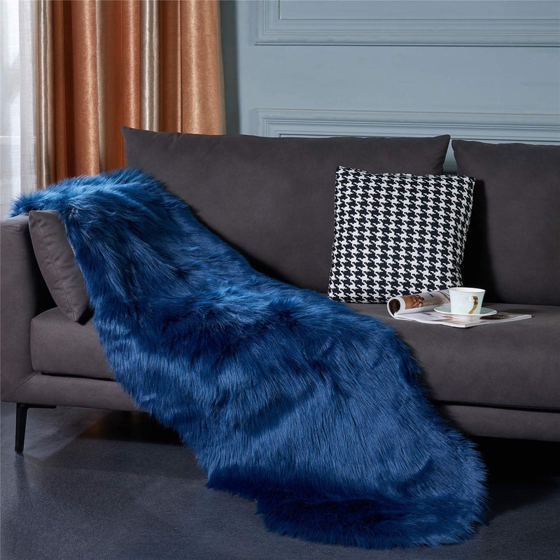Easy Joy EasyJoy Ultra Soft Fluffy Shaggy Area Rug Faux Fur Rug Chair Cover Seat Pad Fuzzy Area Rug for Bedroom Floor Sofa Living Room (2 x 6 ft Sheepskin, Dark Blue) - Image 2